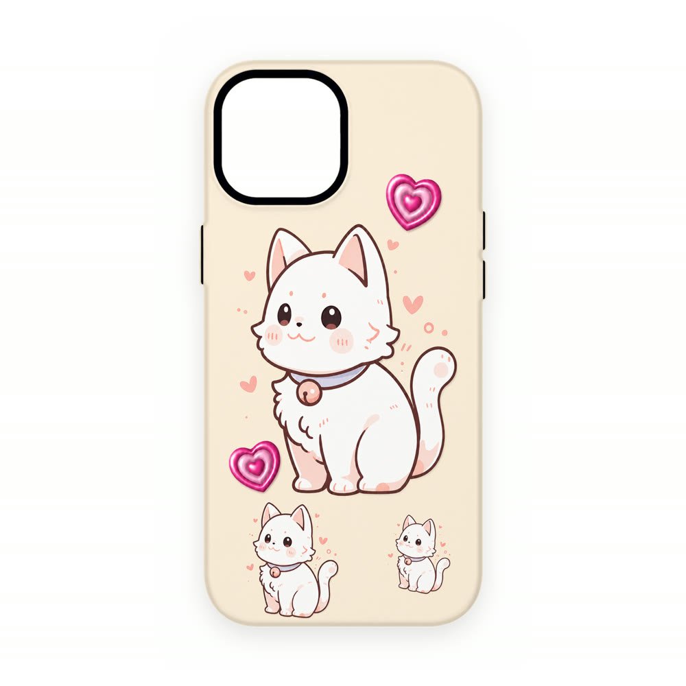 Coque Chat Kawaii — Cœurs 3D